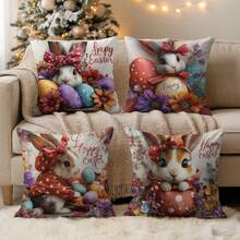 4pcs Easter Cute Rabbit Plush Print Pillow Covers, 18" X 18", Rabbit & Easter Egg Print Decorative Cushion Covers For Living Room, Bedroom, Sofa, Bed, Outdoor, Pillow Inserts Not Included - Multicolor - View 7
