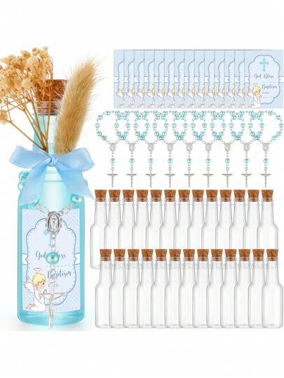 50套天主教圣水瓶十字架念珠套装洗礼派对礼品50毫升基督教透明塑料圣水容器软木塞适用于教堂初领圣体婚礼餐桌新生儿（蓝色）