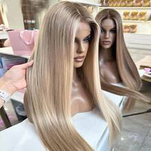 13x4蕾丝前置真人发假发，奶油金渐变色，长直发，沙龙品质，适合白种人女性，180%密度，22英寸，可调节自由分缝/中分/侧分，适合各种场合 - S27/613 - 查看 13