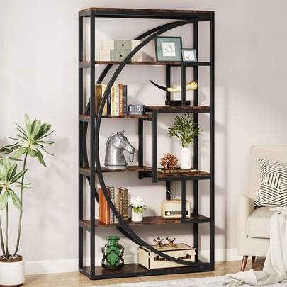 LITTLE TREE 5 Tier 180cm Industrial Bookcase, 8 Open Compartments Vintage Brown Shelf Unit, Sturdy For Living Room Home Office