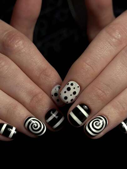 24pcs Short Square Press On Nails, Spring Polka Dots Black Design Short Nails Full Cover Glossy False Nails Set, Include: 1pc Jelly Glue And 1pc Nail File, Easy To Wear Daily Fake Nails & French Tip Nails Press On Art For Men And Boys Daily Life