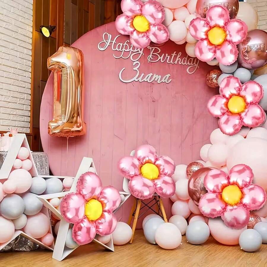5pcs 18-Inch Pink Daisy Flower Foil Balloons, Decoration For Birthday Party, Festival, Anniversary - Multicolor - View 1