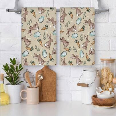 2pcs Easter Kitchen Towels, Beige Bunny, Carrot, Egg Print, Super Soft Knitted Dish Cloths, Machine Washable, Seasonal Spring Decor, Easter Party Decoration, For Cooking And Cleaning, Housewarming Gift