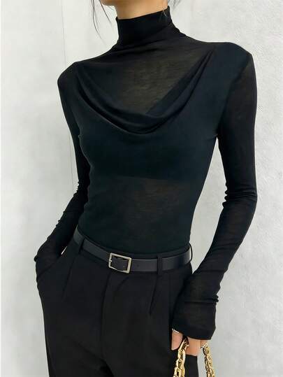 FLEXCHIC Women's High Neck Solid Color Mesh Undershirt, Minimalist Fashion Versatile, Slim Fit Sheer Long Sleeve Top, Black
