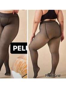 Plus-Size Sheer Thermal Lined Tights For Women. - 黑色 - 查看 2