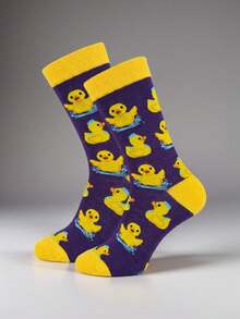 1 Pair Men's Mid-Calf Socks With Cute Duck Swimming Pattern, Spring/Summer - Purple - View 1