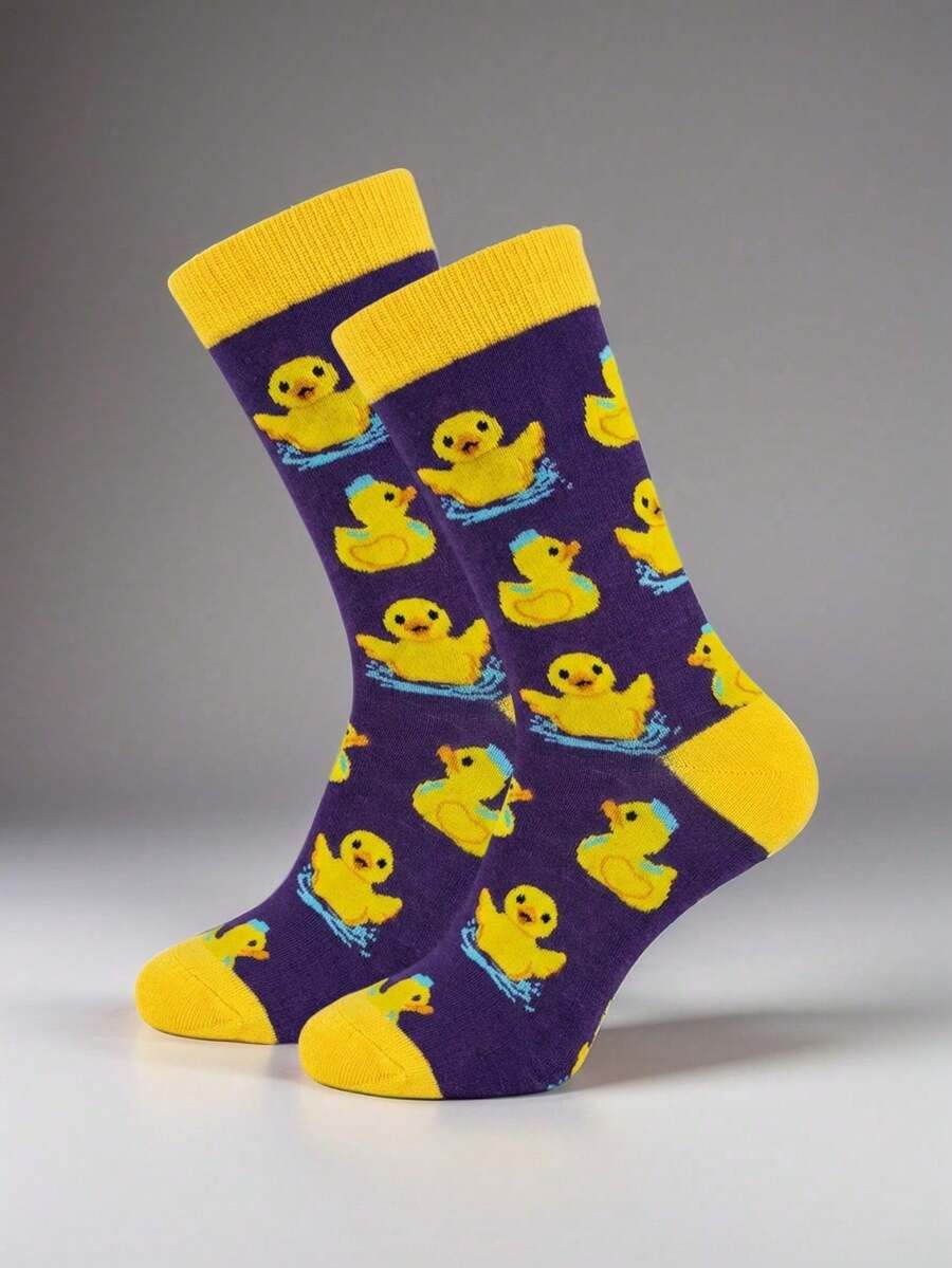 1 Pair Men's Mid-Calf Socks With Cute Duck Swimming Pattern, Spring/Summer - Purple - View 1