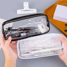 1pc Transparent Zipper Pencil Case, PVC Clear Stationery Bag, White/Black - A - View 10