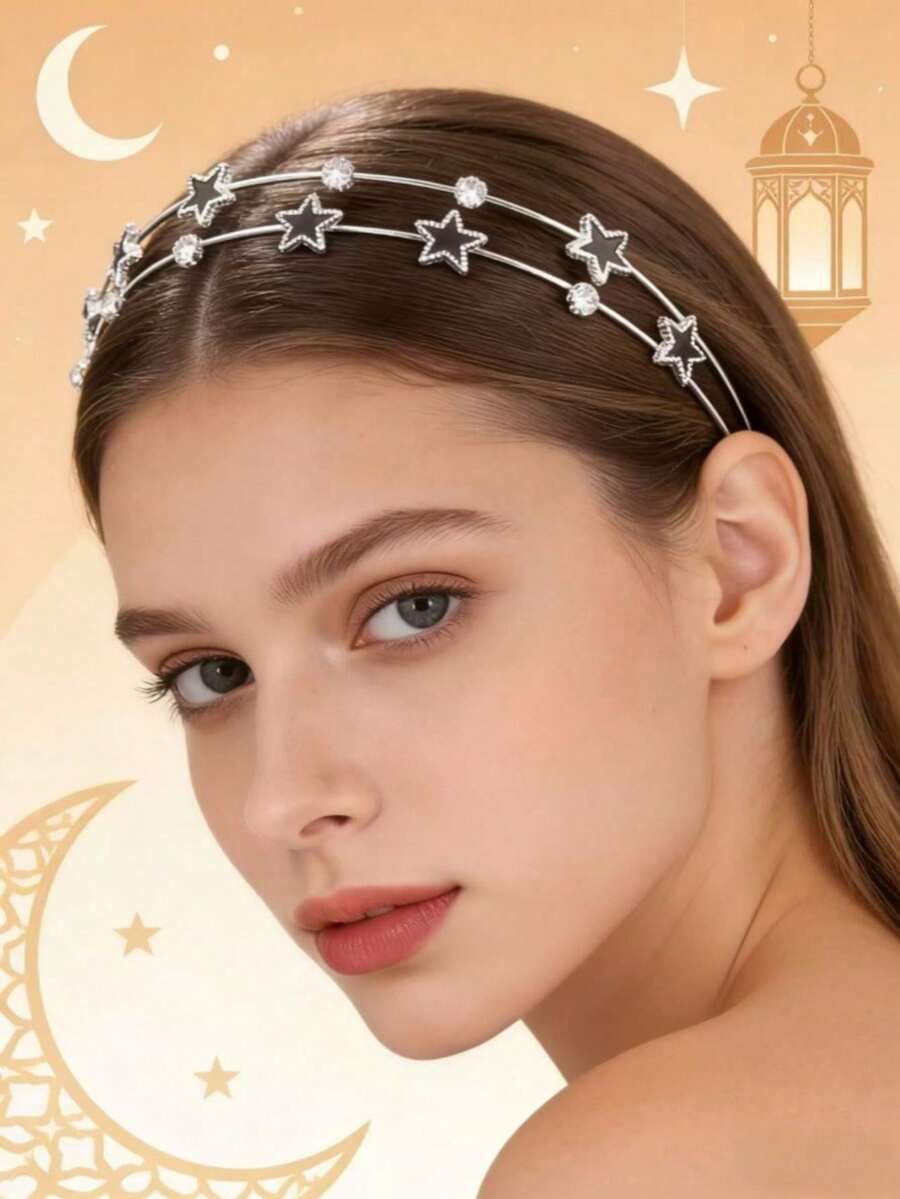 1 pieza/2 piezas Diadema con estrellas y luna, diadema con doble perla y rhinestone, diadema de presión súper hada, accesorios de cabello sencillos y dulces, diadema - Multicolor - Ver 1
