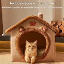 Cozy Indoor Cat Bed, Cat House/Tent With Removable Cushion, Soft And Warm Pet Bed, Fluffy Bear Nest For Cats, Kittens And Small Dogs (Brown) - M - 查看 4