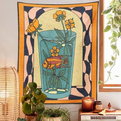 1pc,Retro-Style Tapestry Wall Hanging With Vase And Goldfish Floral Decorations; Minimalist Bohemian Style Wall Art Wall Hanging Suitable For Living Room, Bedroom, Dormitory, And Home Decoration.