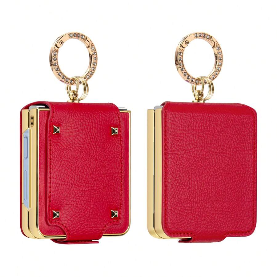 VIETAO Electroplating Z Flip 3 4 5 6 Cover Finger Ring Holder Stand Faux Leather Mobile Phone Case Compatible With Samsung Galaxy Z Flip7 Flip6 Flip5 Flip4 Flip3 Phone Cover - Red - View 1