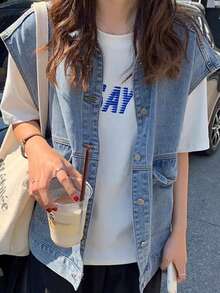 Women's Denim Vest, Fashionable Loose Layering Sleeveless Jacket For Autumn - Blue - View 5