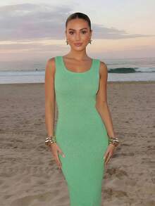 Vestido de punto sin espalda, sexy y elegante, sin mangas para mujer, ideal para vacaciones - Verde - Ver 6