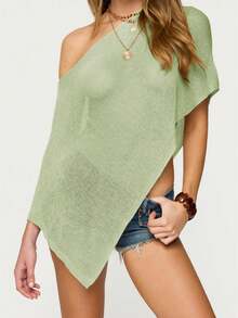 Women's Sheer Ponchos Off Shoulder Short Sleeve Solid Color T-Shirts Asymmetrical Knit Tops - 綠色 - 查看 1