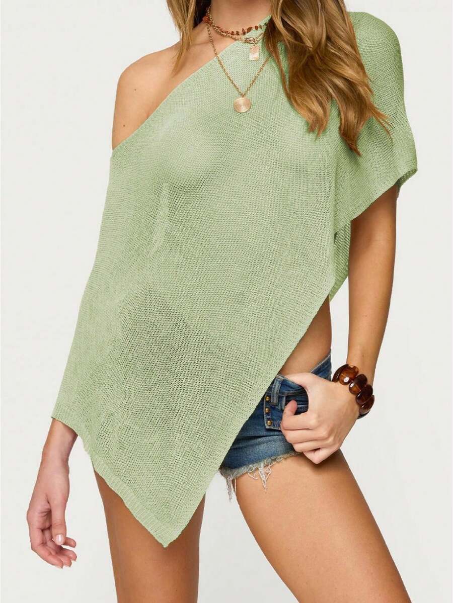 Women's Sheer Ponchos Off Shoulder Short Sleeve Solid Color T-Shirts Asymmetrical Knit Tops - 綠色 - 查看 1