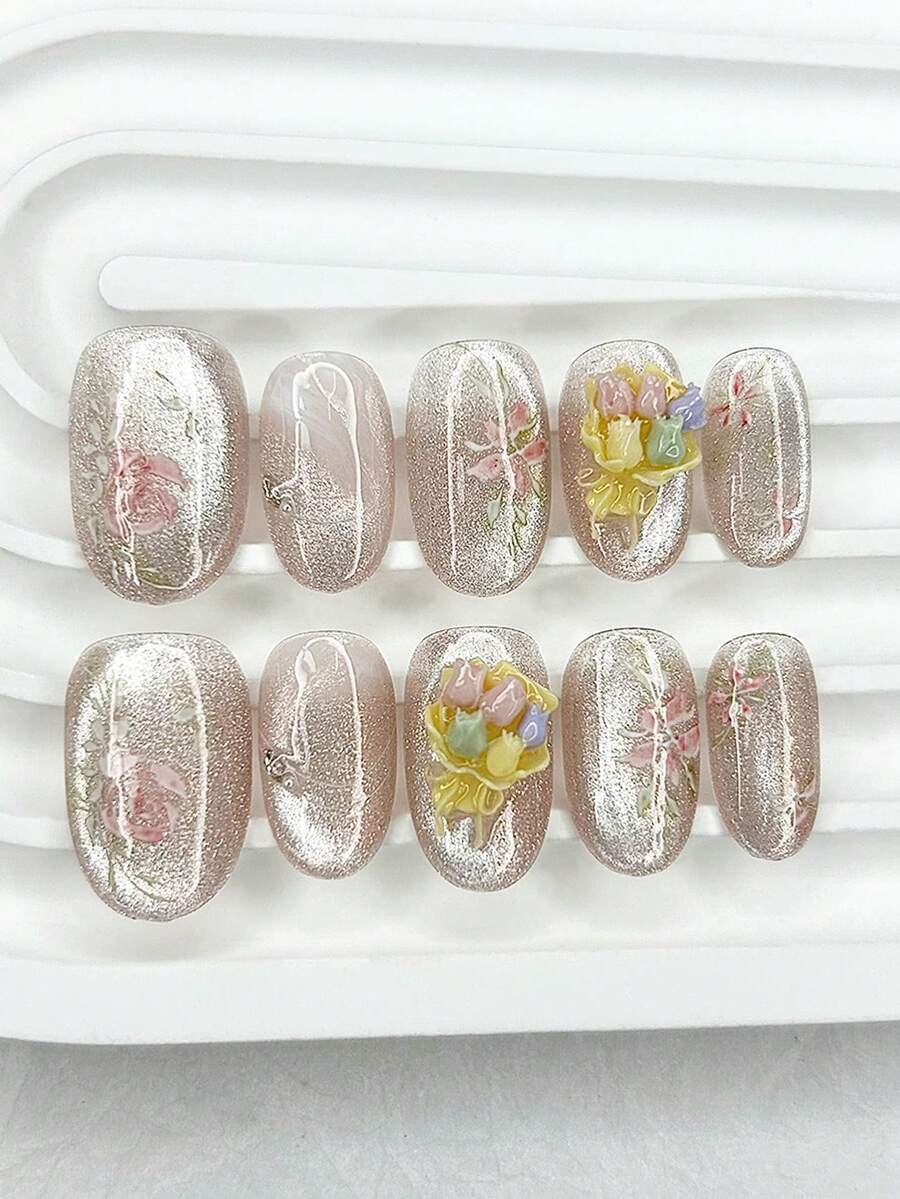 10pcs Handmade Delicate Flower Pressed Nail Stickers, Pink Soft Floral Bouquet Fake Nails, Removable Reusable Nail Art Supplies (1 Jelly Sticker + 1 Nail File) - Pink - View 1