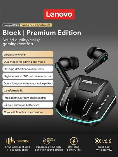 Lenovo GT105 Stylish Bluetooth Earphones, Half In-Ear Bluetooth 6.0 Surround Sound, High-Quality ENC Call Noise Cancellation, Low Latency For Gaming & Music, Breathable RGB Lights, Silicone Sports Wireless Earbuds, Compatible With Smartphones & Computers, Ideal Gift