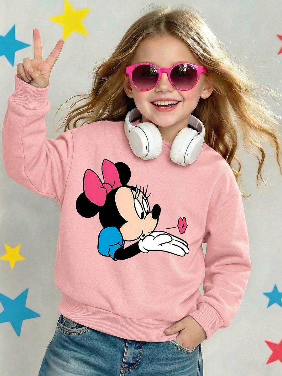 Disney Cute Minnie Mouse Blowing Kiss Side Profile Pink Bow Comfortable Print Young Girls' Long Sleeve Sweatshirt, Suitable For Autumn/Winter, Lightweight And Cozy, Great For Layering In Fall, Fashionable Casual Wear, Graphic Design, Back To School Season, Autumn, Back To School Party, Suitable For Outdoor Picnic, Street Photography, Home, Campus, Holidays, New Year Gift - 粉色 - 查看 1