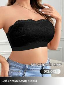 Sujetador inalámbrico de encaje con parches y hebilla lateral, talla grande y cómodo - Negro - Ver 2