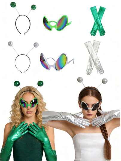 Set de 3 piezas de disfraz de alienígena - Incluye guantes + gafas + diadema, adecuado para fiestas, festivales de música, fiestas de disfraces, juegos de roles y celebraciones festivas