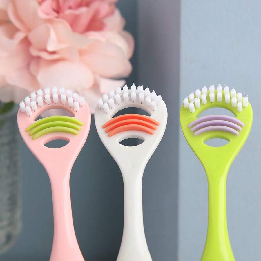 1pc This Fan-Shaped Tongue Cleaner Combines 3-Layer Curved Scrapers (To Wipe Away Surface Coating) And Dense Fan Bristles (To Clean Hidden Gaps Between Taste Buds) - One Tool Handles Both Visible And Hidden Residue, Leaving Your Mouth Noticeably Fresher Than Single-Function Scrapers. - Multicolor - View 1