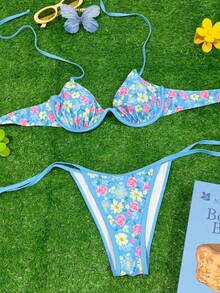 Set bikini sexy pentru femei cu imprimeu floral și legături halter, potrivit pentru întâlniri, petreceri, vacanțe de primăvară/vară la plajă - Multicolor - Vizualizare 4