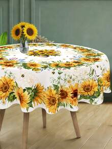 1 pieza Mantel con diseño de girasol, mantel redondo o rectangular de poliéster con estampado floral y de abeja amarillo girasol de primavera/verano, 2 opciones de tamaño, mantel duradero de estilo rústico para decoración de mesa de cocina y comedor en el hogar, adecuado para fiestas de primavera/verano, picnics, cenas, cumpleaños, decoración de bodas - Multicolor - View 9
