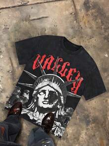 Skull Liberty Statue Valley Graphic Printed On The Front Of Men's Loose Short-Sleeved T-Shirt, Y2K Streetwear Vintage Casual Oversized Aesthetic Dark Pullover Gift - 黑色 - 查看 1