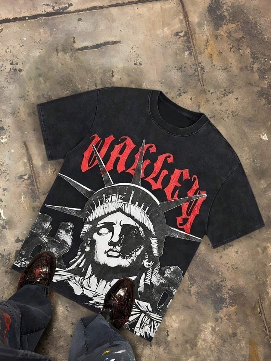 Skull Liberty Statue Valley Graphic Printed On The Front Of Men's Loose Short-Sleeved T-Shirt, Y2K Streetwear Vintage Casual Oversized Aesthetic Dark Pullover Gift - 黑色 - 查看 1
