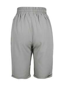 Quần short Bermuda nữ màu trơn, có dây rút ở eo và túi, kiểu dáng thường ngày, thích hợp cho mùa hè. - Màu Xám nhạt - Xem 4