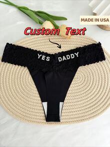 Customized Name Sparkling Crystal Alphabet Thong, Personalized Low-Waist Underwear, Sexy Lace Flower Heart Shaped Love Crystal Pattern, Breathable Ice Sliky Fiber Fabric Triangle Panties, Single Party Personalized Gift, Bride Wedding Customized Underwear, Couples Customized Gift, Personalized Gift For Girlfriend/Wife/Lover's Anniversary/Valentine's Day/Birthday/Marriage/Bedroom/Holiday - 黑色 - 查看 1