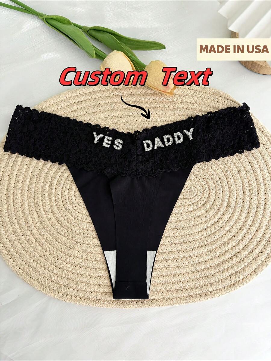 Customized Name Sparkling Crystal Alphabet Thong, Personalized Low-Waist Underwear, Sexy Lace Flower Heart Shaped Love Crystal Pattern, Breathable Ice Sliky Fiber Fabric Triangle Panties, Single Party Personalized Gift, Bride Wedding Customized Underwear, Couples Customized Gift, Personalized Gift For Girlfriend/Wife/Lover's Anniversary/Valentine's Day/Birthday/Marriage/Bedroom/Holiday - 黑色 - 查看 1