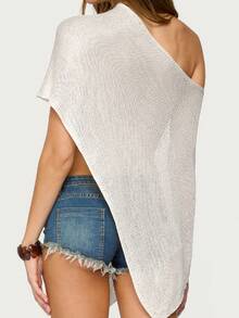 Women's Sheer Ponchos Off Shoulder Short Sleeve Solid Color T-Shirts Asymmetrical Knit Tops - 白色 - 查看 2