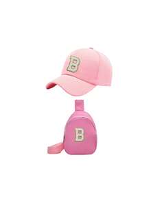 Bộ 2 mũ lưỡi trai đen trơn và túi trang trí chữ, phù hợp cho bé trai và bé gái từ 3-8 tuổi, trang phục thường ngày cổ điển cho trẻ em mùa xuân/hè. - Hồng - Xem 3