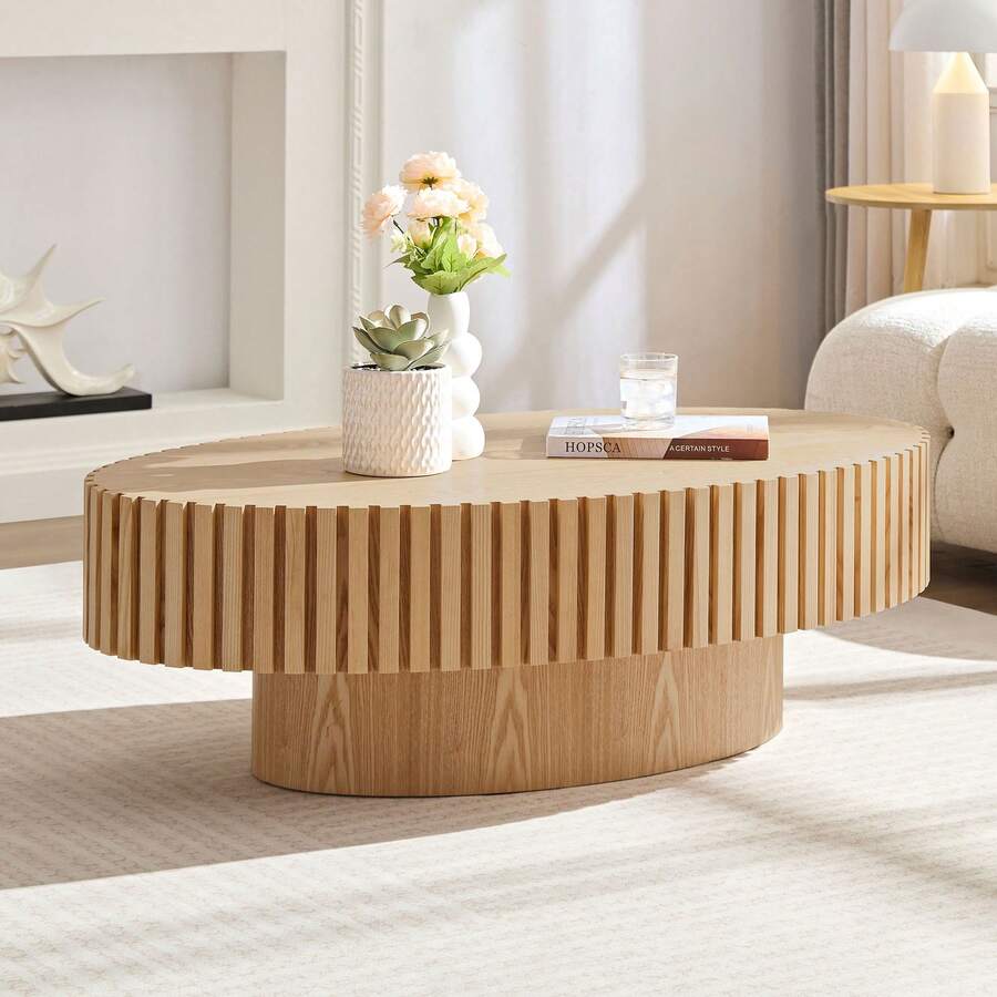 Mesa de centro ovalada de nogal hecha a mano, diseño de tambor de madera grande irregular de 44 pulgadas de estilo moderno de mediados de siglo con diseño acanalado y base de pedestal resistente, mesa central única de estilo granja para sala de estar (44" X 24" X 14") - Natural - Ver 1