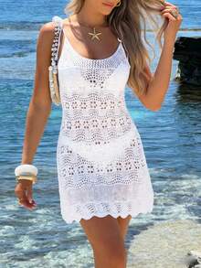 Women's Crochet Lace Hollow Out Knitted Sexy See-Through Sleeveless Tie-Up Cover Up Dress, High-End Bohemian Beach Holiday Style - White - View 4