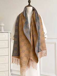 1pc Khaki Gray Autumn/Winter New Scarf For Women, Double-Sided Faux Cashmere European And American Style Core Yarn High-End Scarf, Dual-Use Shawl - Champagne - View 3