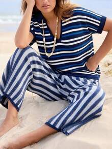 Striped Collar Elegant Casual Vacation V-Neck T-Shirt, Suitable For Beach, Daily, Street, Commute - Blue - View 6