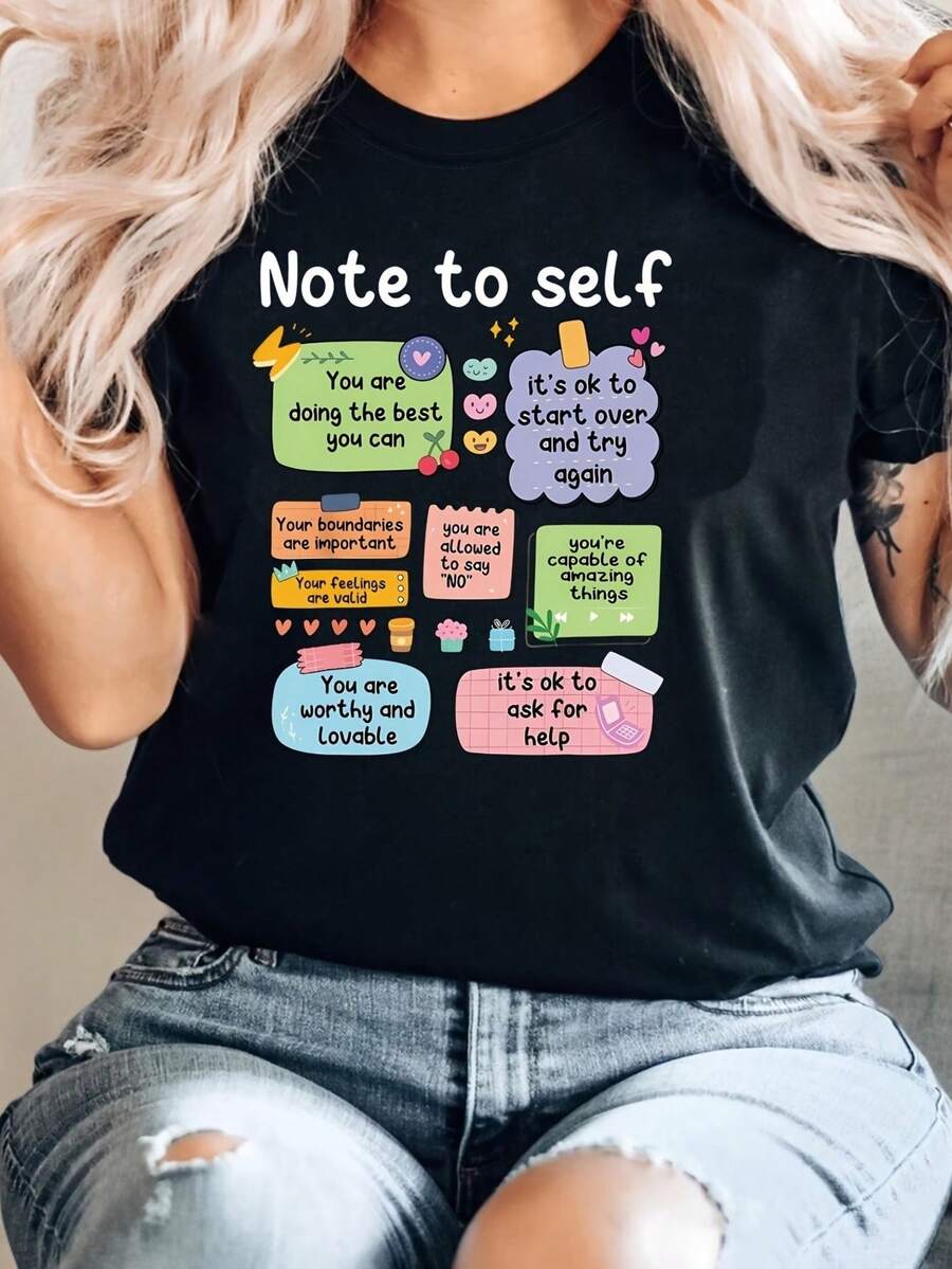 1pc Note to Self inspirational Quote T-Shirt,Cotton 100% Blend, Casual Crew Neck, Short Sleeve, Regular Fit, Knit Fabric, all Seasons Tee - Preto - Ver 1