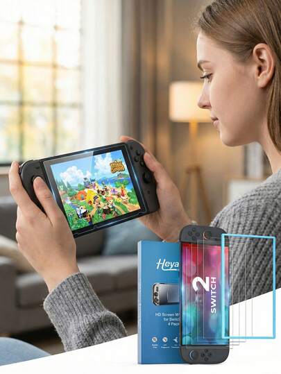 Set de 4 protectores de pantalla para Nintendo Switch 2, de material de vidrio templado de 9H de dureza, resistente a los arañazos, película protectora de alta definición transparente 4K, resistente a los arañazos y al desgaste, a prueba de huellas dactilares, accesorios para Nintendo Switch 2