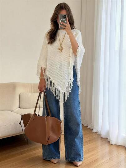 For Love & Bella Women's Casual Elegant Sexy Fringe Decor Asymmetric Fitted Textured Knit Poncho Cardigan Pullover Lightweight Jacket, Y2K Streetwear, Work, Date, Daily Wear, Country Music Festival, Vacation, Spring/Summer Outerwear