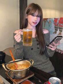 [Y6Y] Women's Spring Elegant Off-Shoulder Knit Sweater, Long Sleeve Fitted Style Versatile Pullover Top - Coffee Gray - View 3