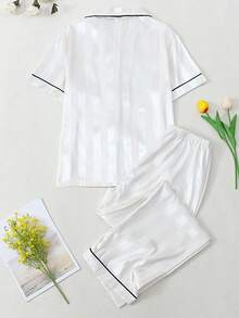 2pcs Striped Subtle Textured Satin Short-Sleeve And Pants Pajama Set - Spring/Summer Comfortable Casual Loungewear Set - trắng - Xem 9