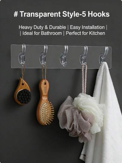 1pc Transparent 5-Hook Wall Mounted Storage Hanger, Plastic Material Waterproof Durable No Drilling Easy Installation, Suitable For Kitchen Bathroom Office, Towel Coat Key Kitchen Utensil Universal Rack, Space-Saving Modern Minimalist Home Bathroom Storage Accessory, Essential For Rental Home Office Organization