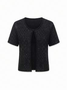 YROOE 女士春夏秋季新款时尚服饰，商务休闲/通勤/舒适休闲，欧美风串珠装饰针织休闲上衣 - 黑色 - 查看 2