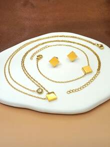 Women's Fashion Jewelry Set, Exquisite Solid Color Square Pendant Multi-Layer Necklace, Bracelet, Earrings, Suitable For Anniversary, Birthday, Valentine's Day, Mother's Day, Back To School, Graduation And Party Gifts - Multicolor - View 3