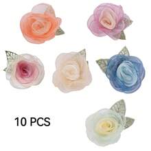 10pcs Pink Sheer Rose Flower Embroidered Patches With Leaves, Handmade 3D Floral Decor, Suitable For Hair Clips And Craft Decoration - Multicolor - View 10