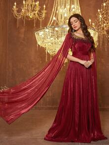 SUPGIR 【随机花卉图案】V领灯笼袖雪纺亮片刺绣收腰派对晚礼服 - 酒紅色 - 查看 5