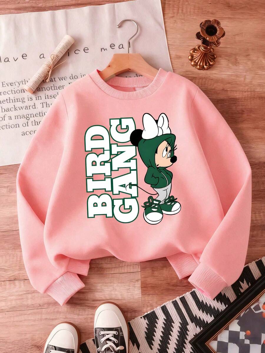 1pc Disney Street-Style Minnie Mouse "BIRD GANG" Graphic Print Tween Girls Cute Casual Sweatshirt - Soft & Versatile, Ideal For Daily Wear, School & Amusement Park Outings - 粉色 - 查看 1